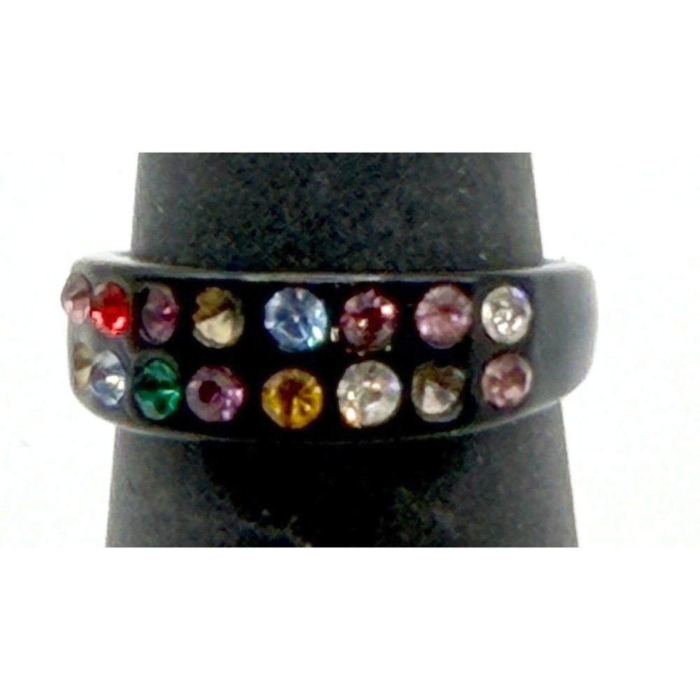 Black Enamel Rainbow Rhinestone Band Ring Colorful Size 5.5 Unisex‎ ring